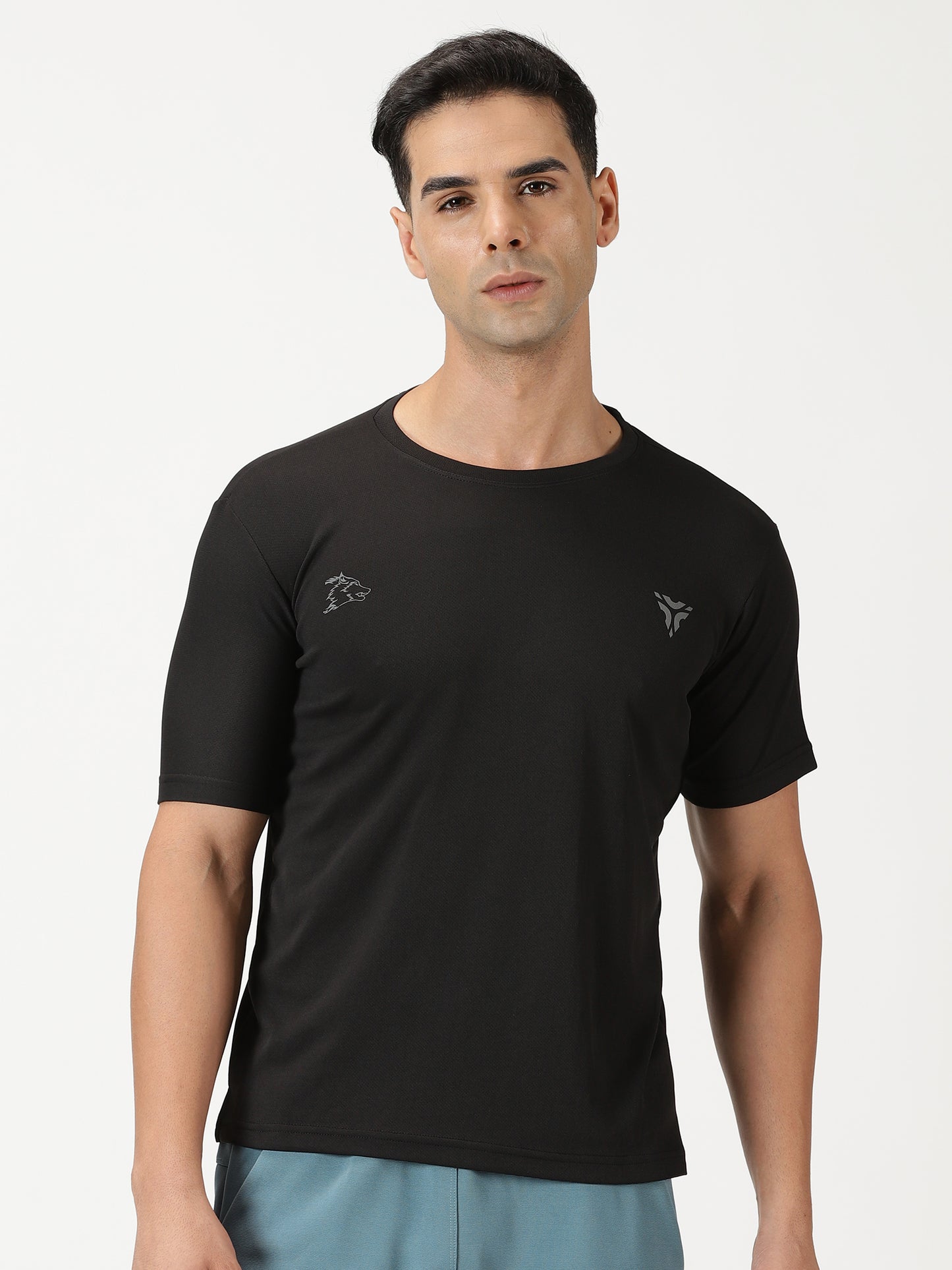 Dot Knit T-shirt with Reflective Wolf Print- Black