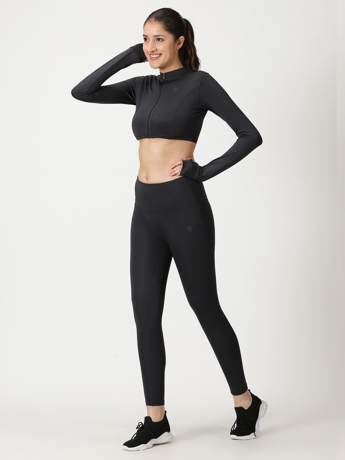 Charcoal Grey Co-ord set with Front Zipper- Crop Top with Seamless Leggings