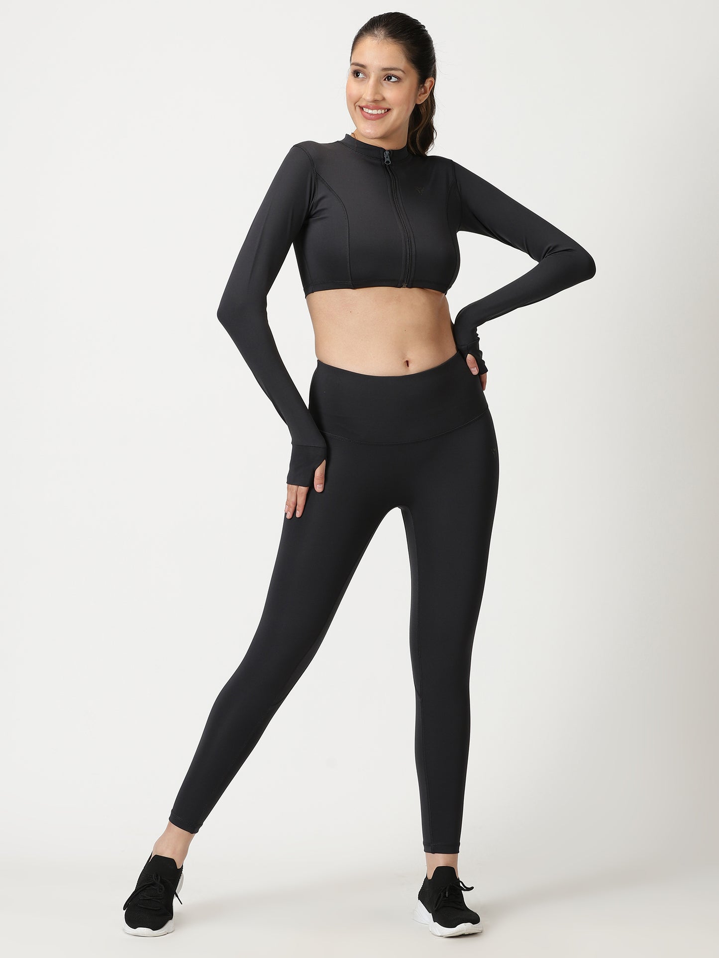 Charcoal Grey Co-ord set with Front Zipper- Crop Top with Seamless Leggings