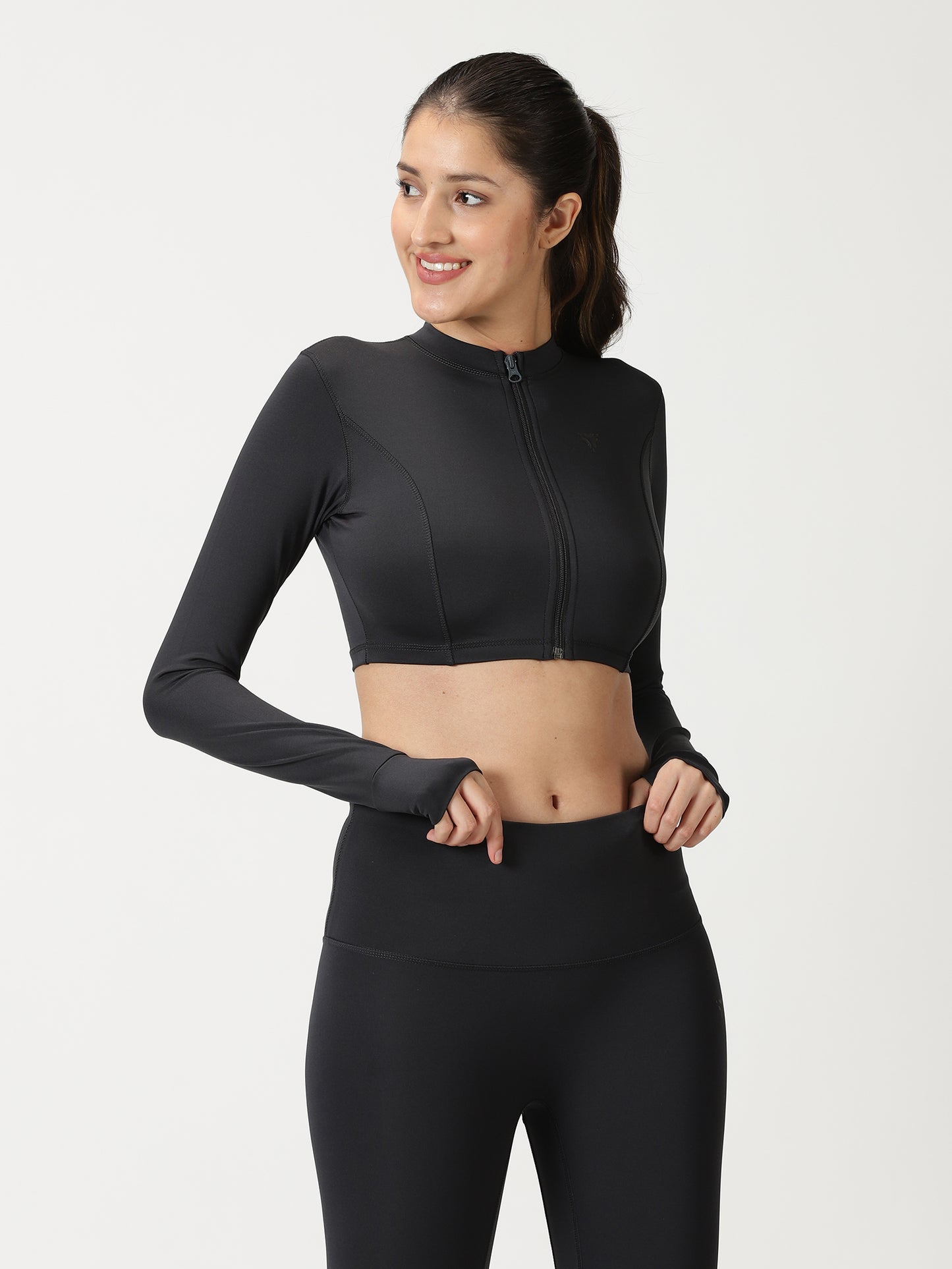 Charcoal Grey Co-ord set with Front Zipper- Crop Top with Seamless Leggings